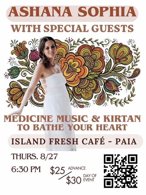 Flyer for Bathe Your Heart: Ashana Sophia in a white dress against a garland of hand-drawn folk flowers