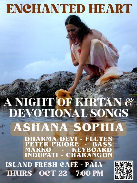 Flyer for Enchanted Heart: Ashana Sophia kneeling on a rock at the water's edge, setting a yellow hibiscus on the water