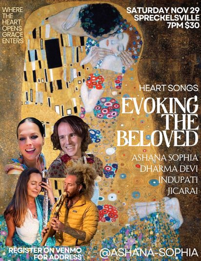 Flyer for Heart Songs, Evoking the Beloved, set against Klimt's The Kiss