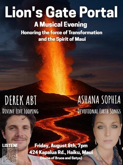 Flyer for the Lion's Gate Portal musical evening with Derek Abt, a lava flow at night