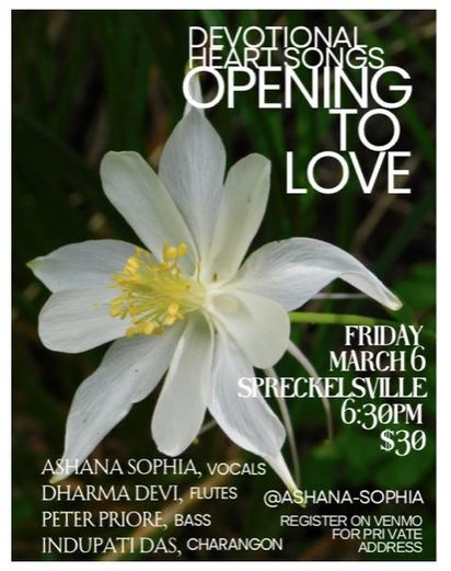 Flyer for Devotional Heart Songs, Opening to Love, a white flower against deep green